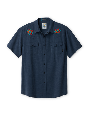 Navy blue shirt with embroidered designs on a white background