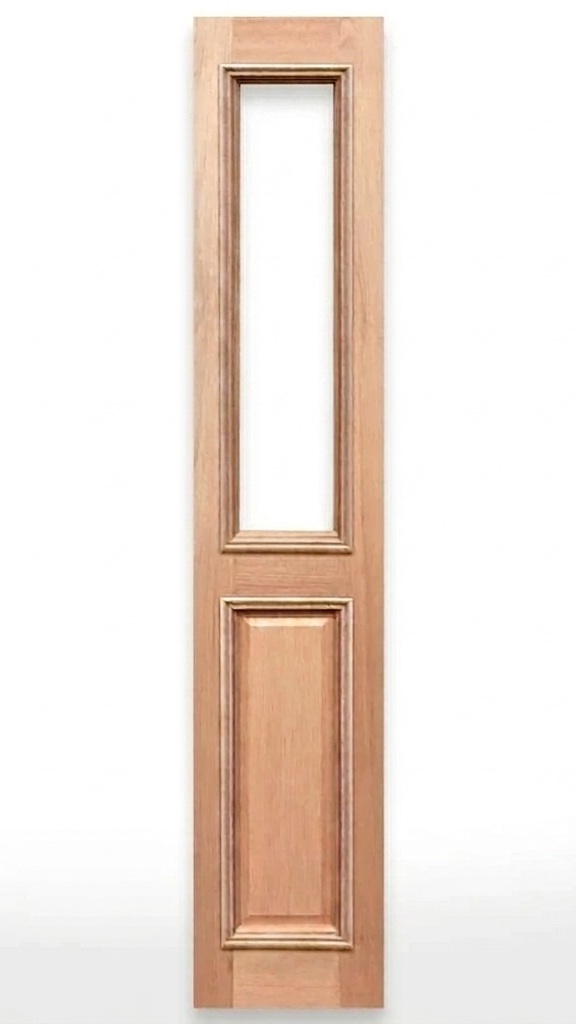 Wooden sidelight with 'TQC Sidelight' text and 'Crown Doors' logo on a white background