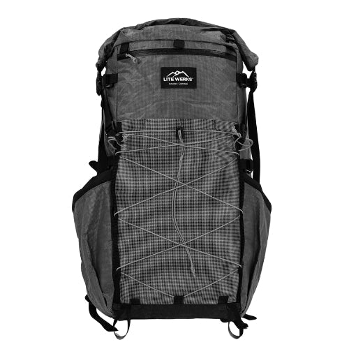 Gray backpack with a checkered pattern on a white background