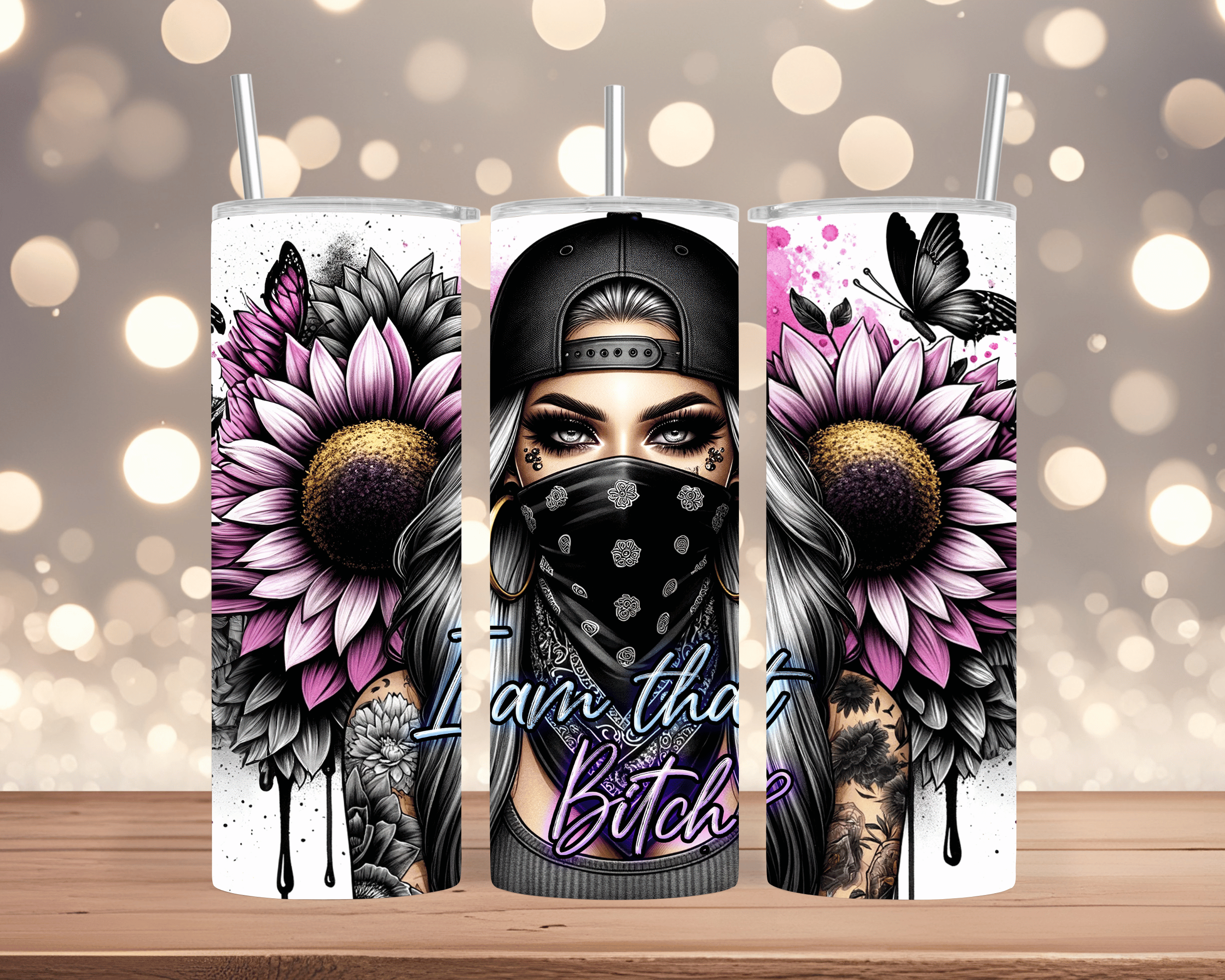 Thermobecher „I Am That Bitch“  Woman mit Sonnenblume & Schmetterling
