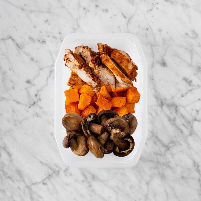 200g Chipotle Chicken Thigh 100g Rosemary Baked Sweet Potato 50g Mushrooms