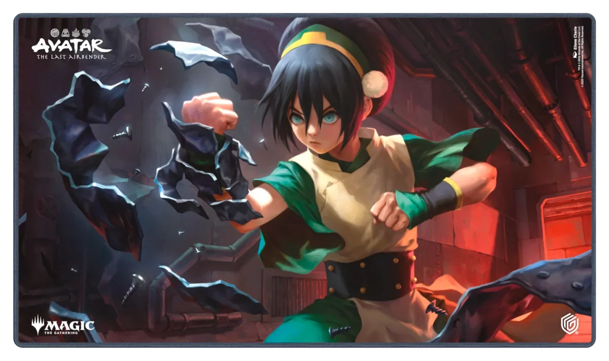 Ultimate Guard Playmat: Magic the Gathering: Avatar The Last Airbender - Toph, the First Metalbender (PREORDER) - Gaming playmat featuring Toph from Avatar The Last Airbender in green outfit bending dark metal rocks on a smoky red.