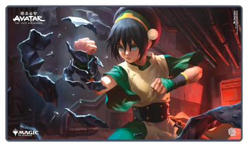Ultimate Guard Playmat: Magic the Gathering: Avatar The Last Airbender - Toph, the First Metalbender (PREORDER) - Gaming playmat featuring Toph from Avatar The Last Airbender in green outfit bending dark metal rocks on a smoky red.