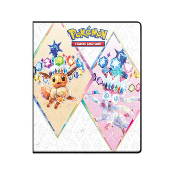 Ultra Pro Binder: 9-Pocket: Portfolio: Pokemon: Scarlet & Violet: Prismatic Evolutions, 252 cards - White binder with diamond-shaped panels featuring colorful Pokemon characters Eevee and Sylveon on the front cover.