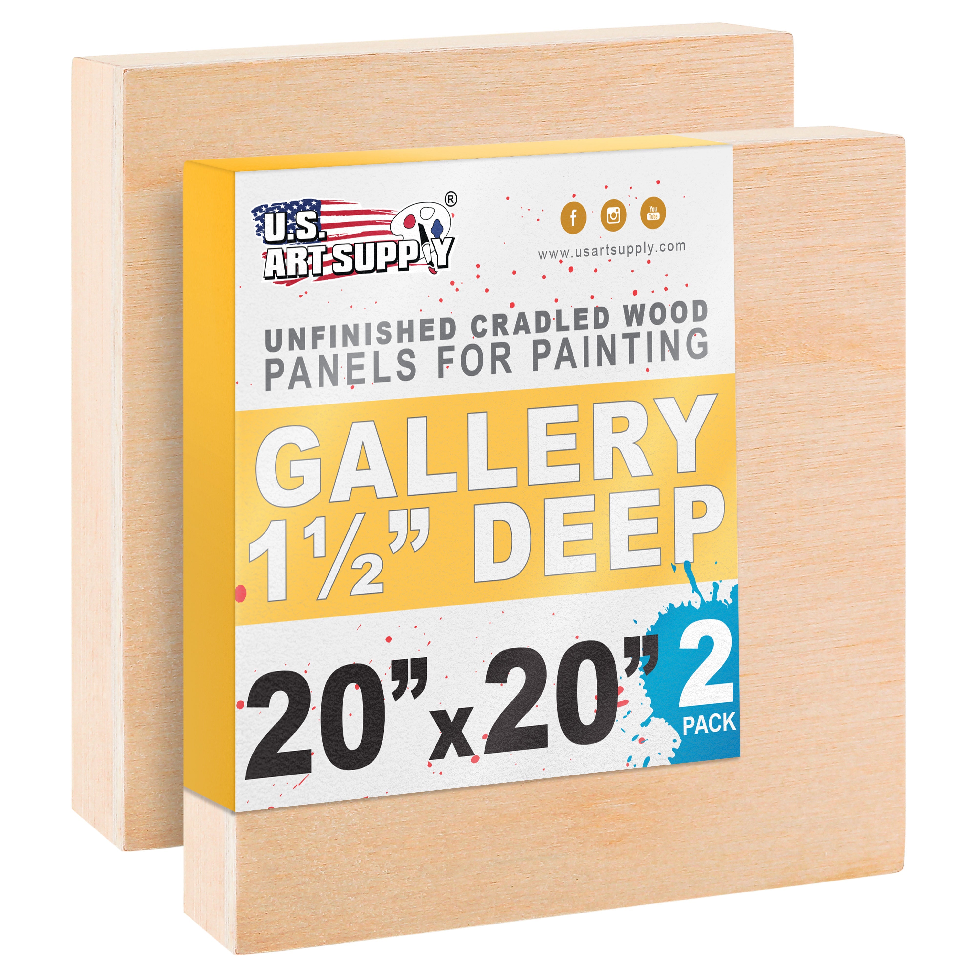Unfinished Cradled Wood Panels for Painting, 2 Pack of 20x20 inch - Gallery Birch Wooden Canvas Boards 1-1/2" Deep - Mixed-Media Craft, Acrylic, Oil, Encaustic, Paint Pouring