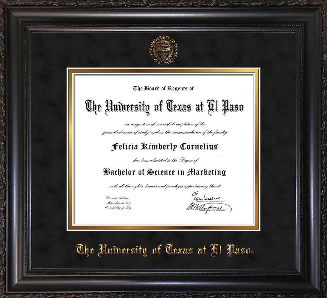 Image of University of Texas - El Paso Diploma Frame - Vintage Black Scoop - w/UTEP Embossed Seal & Name - Black Suede on Gold mat