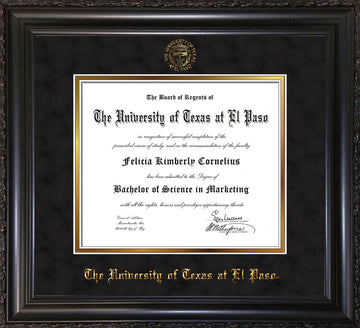 Image of University of Texas - El Paso Diploma Frame - Vintage Black Scoop - w/UTEP Embossed Seal & Name - Black Suede on Gold mat