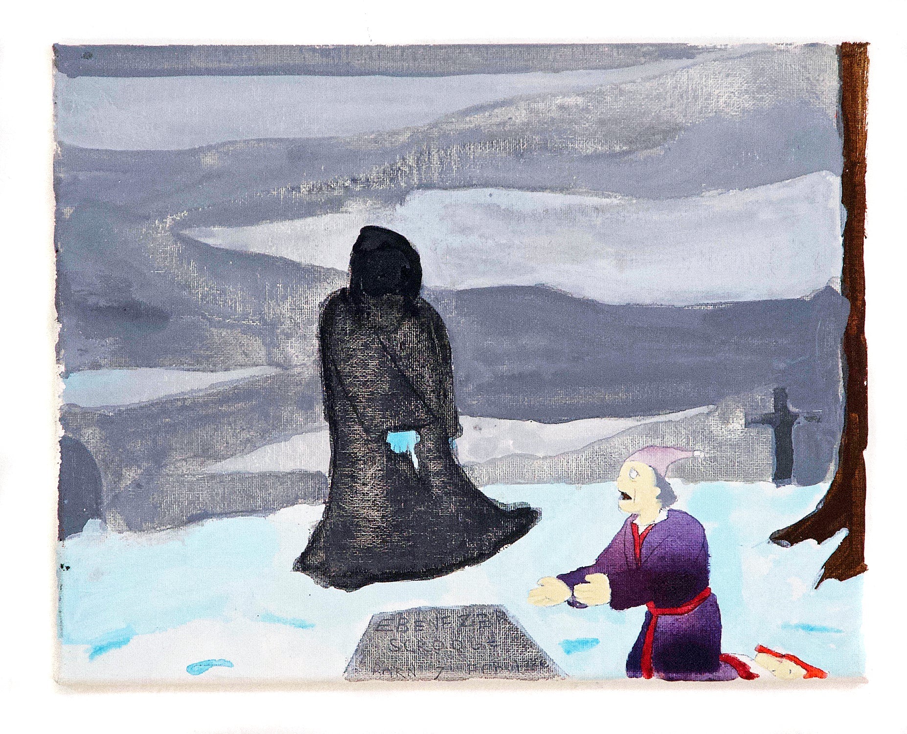a rectangular painting with a grey sky and light blue snow on the ground. Two  figures are shown in the center of the image. One figure is wearing a black cloak and the other is in a purple and red robe.