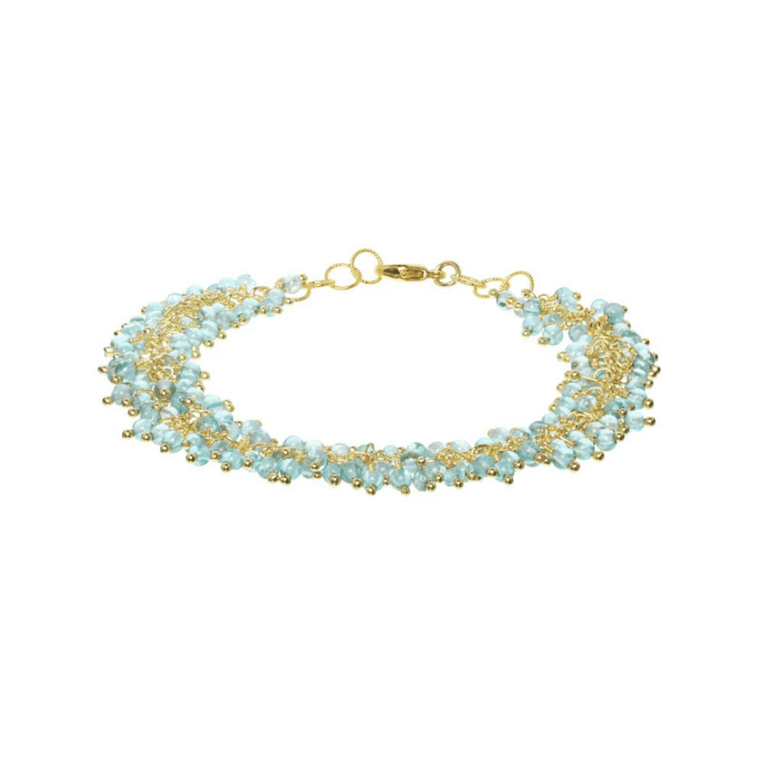 Fringe Bracelet | Catherine Weitzman Jewelry featuring delicate gold chains intertwined with light blue gemstone beads creating a textured, elegant accessory.