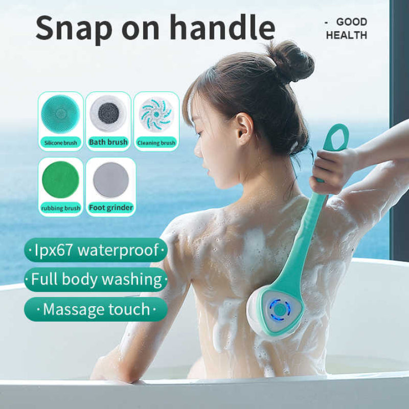 Elosung White Electric Bath Brush & Multi Functional Massager Long Handle Waterproof Body Cleansing Tool