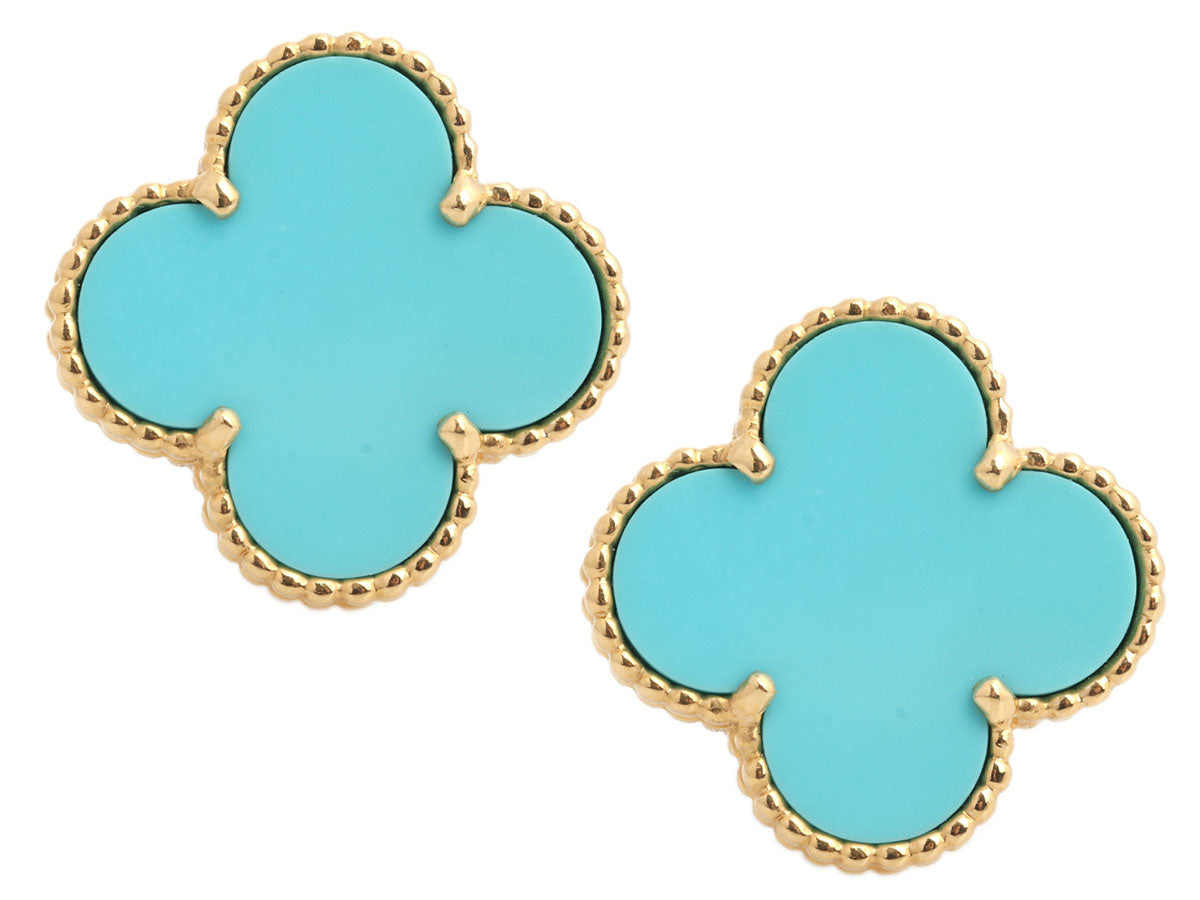 Van Cleef & Arpels 18K Yellow Gold Turquoise Magic Alhambra Pierced Earrings