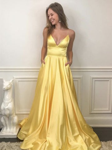 V Neck Backless Yellow Satin Prom Dresses, Open Back Yellow Satin Formal Evening Dresses
