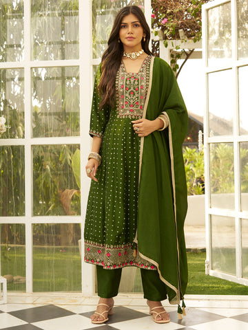Hridaya Mehndi Embroidered Anarkali Kurta Set Suits with Silk Dupatta
