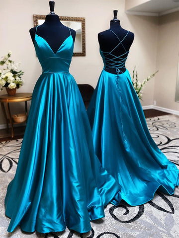 V Neck Backless Teal Long Prom Dresses, V Neck Open Back Blue Formal Evening Dresses