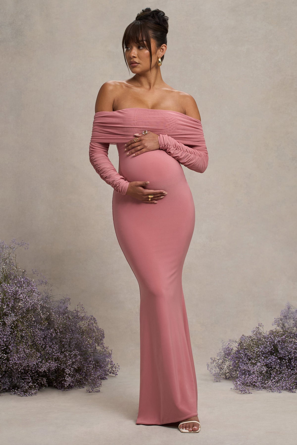 light pink maternity dress Pretty Perfect Blush Pink Maternity Ruched Mesh  Bardot Maxi Dress – Club L London-parroquiadesanalbertomagno.com