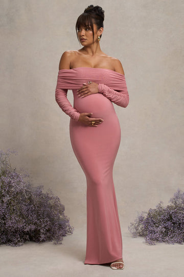 light pink maternity dress Pretty Perfect Blush Pink Maternity Ruched Mesh  Bardot Maxi Dress – Club L London-parroquiadesanalbertomagno.com