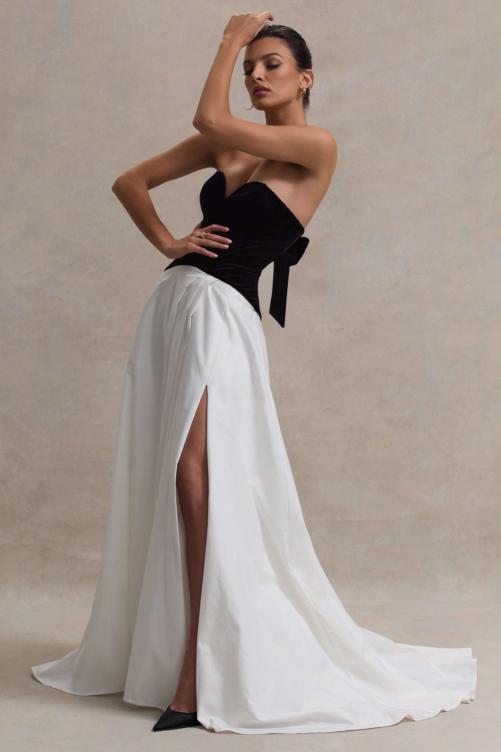 Lucienne | Black & Cream Sweetheart Corset Split Maxi Dress - Club L London - USA
