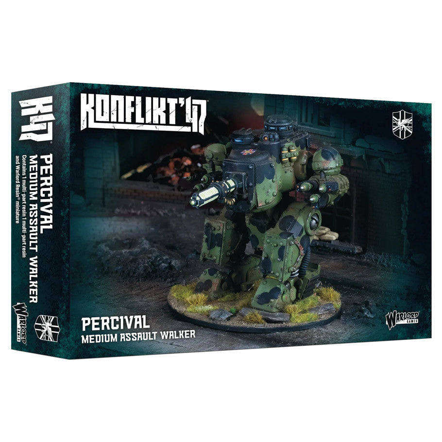 Konflikt '47: Percival Medium Assault Walker (PREORDER) - Green and brown camouflaged medium assault walker model with heavy weaponry on round textured base, Konflikt '47 wargame kit