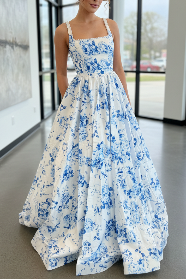 A-Line Square Straps Sleeveless Beaded Open Back Flower Printer Prom Dress