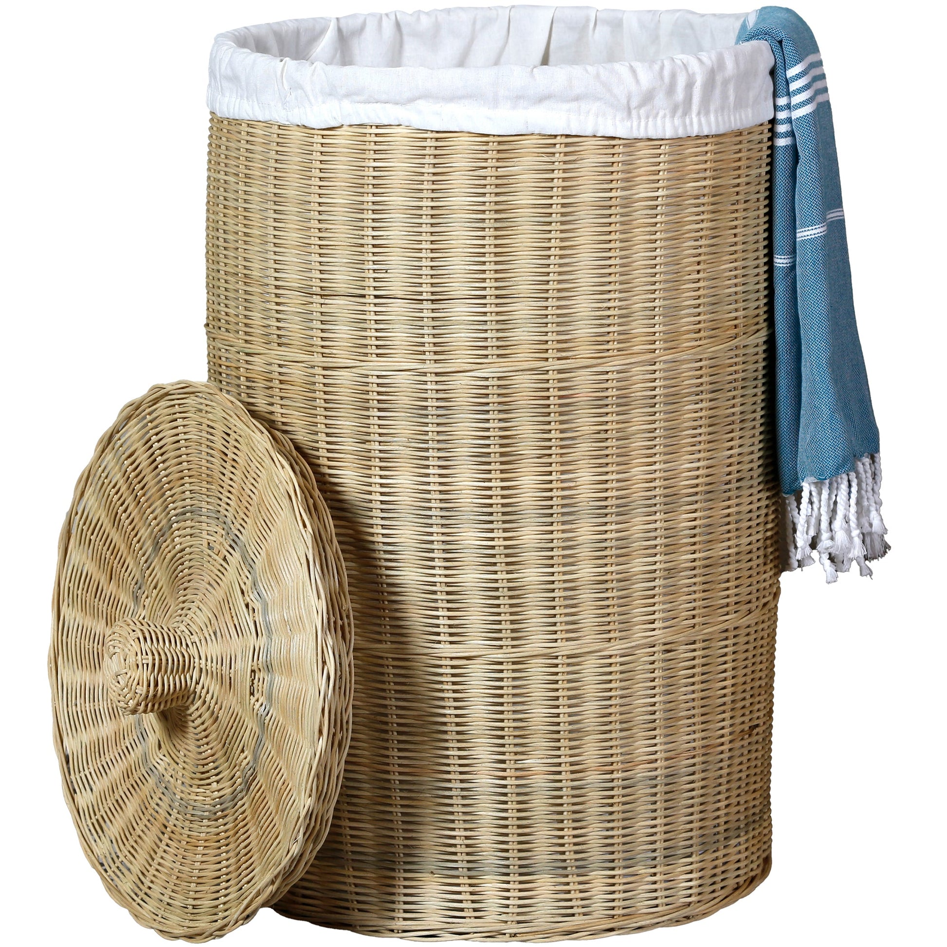 Panier à linge rond avec couvercle en matériau naturel, capacité généreuse d'env. 75 litres