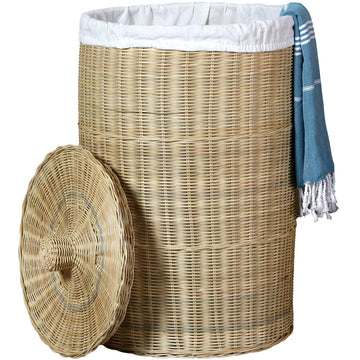 Panier à linge rond avec couvercle en matériau naturel, capacité généreuse d'env. 75 litres