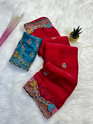 Elegant Teal Pure Soft Fendy Satin Saree with Multi Floral Embroidery & Contrast Designer Blouse - red