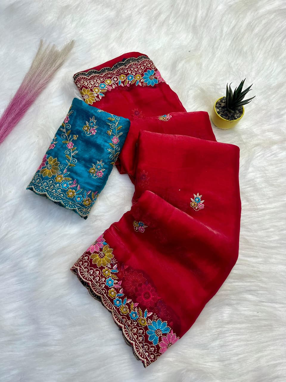 Elegant Teal Pure Soft Fendy Satin Saree with Multi Floral Embroidery & Contrast Designer Blouse - red