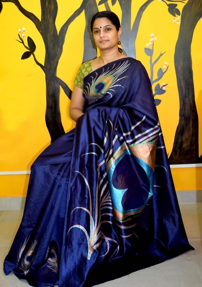 Blue Wax Hand Painted Pure Silk Mark Certified Murshidabad Silk Sarees - Dailybuyys