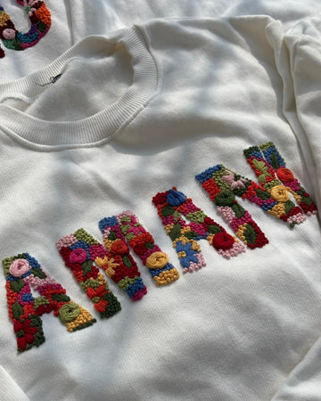 Custom name embroidered sweatshirt — personalised sweatshirt with hand-stitched name folded with gift card, 350 GSM cotton fleece