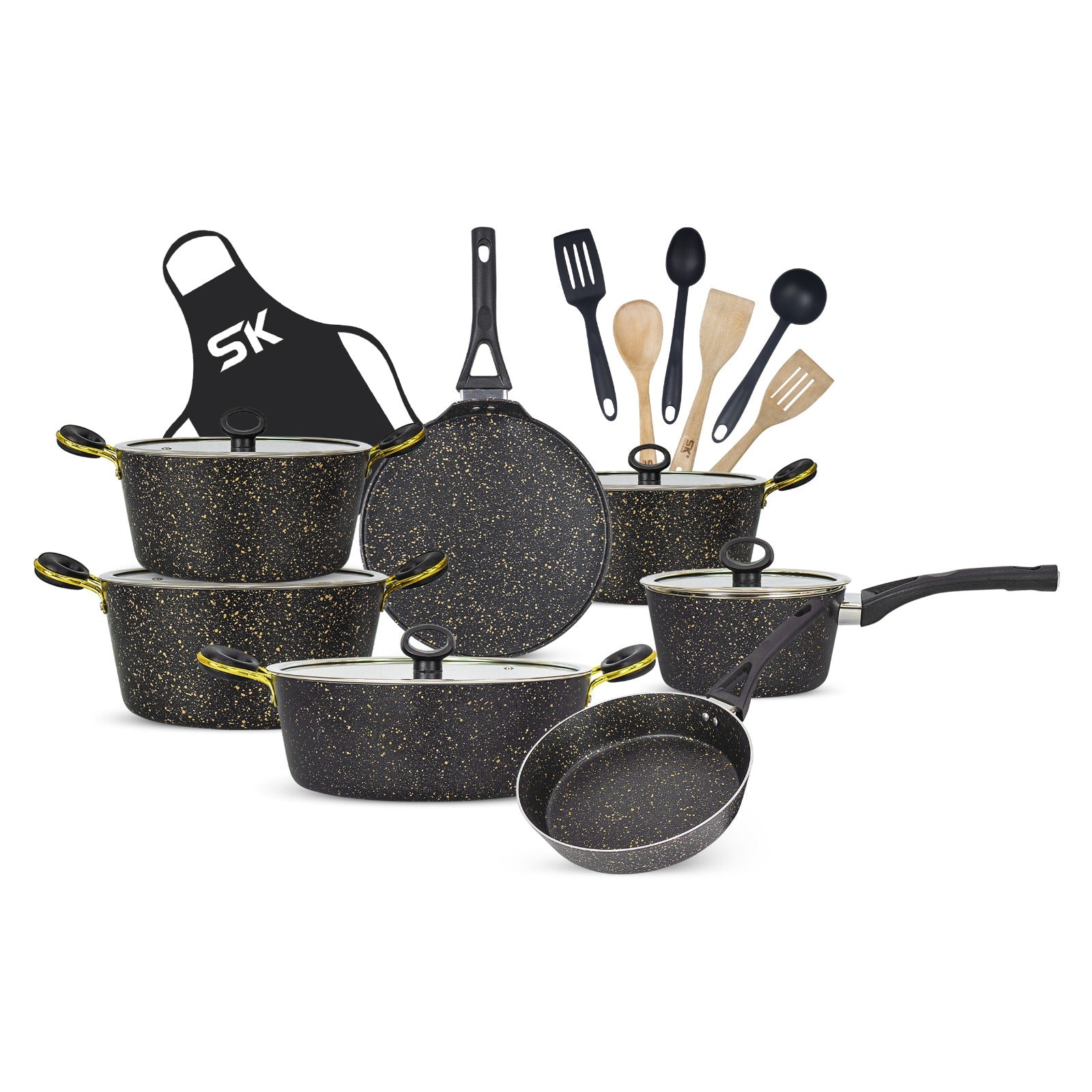 Golden Black 20 Pieces Marble Coated Non-Stick Gift Pack Signature Cookware Set - Golden Black