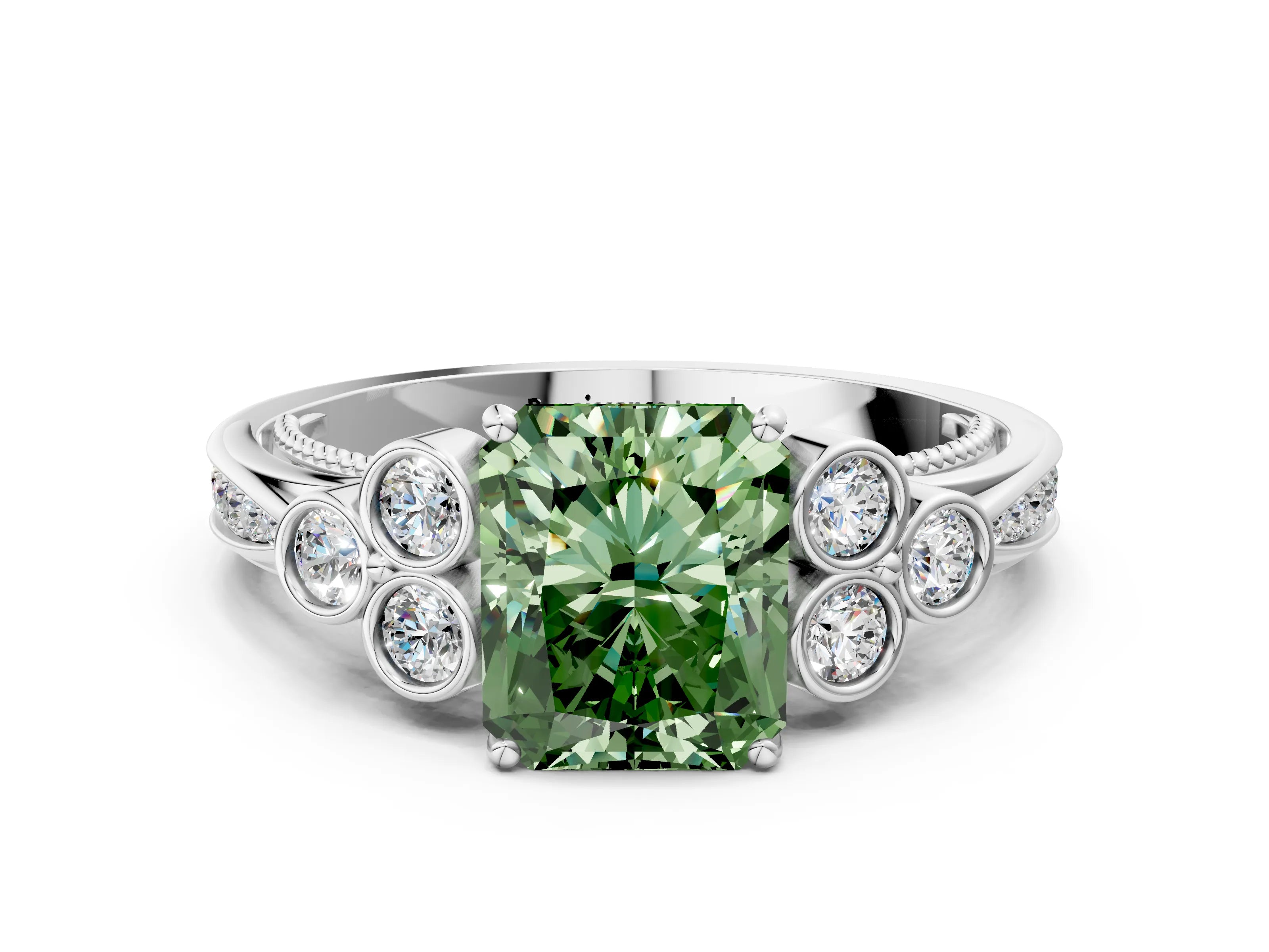White gold Fancy Green Radiant  Cut Diamond Engagement Ring with Bezel Set Round Side Stones and Prong Setting_49