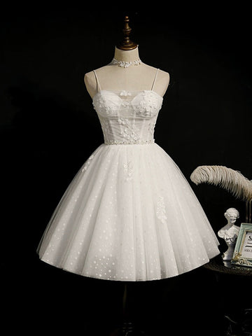 White Sweetheart Neck Tulle Lace Short Prom Dress, White Homecoming Dress