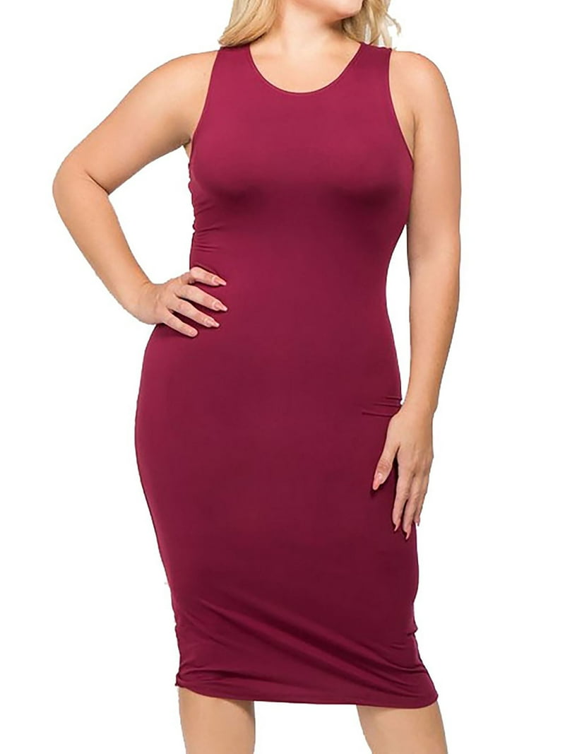 Moa Collection Women's Plus Size Casual Racerback Sleeveless Bodycon Tank Cami Slim Solid Midi Dress, Burgundy