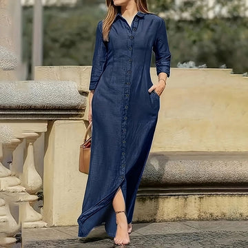 ZOELNIC Womens Plus Size Casual Button Down Denim Maxi Dress Long Sleeve Long Jean Dresses With Pockets, 4XL, Women's, Blue