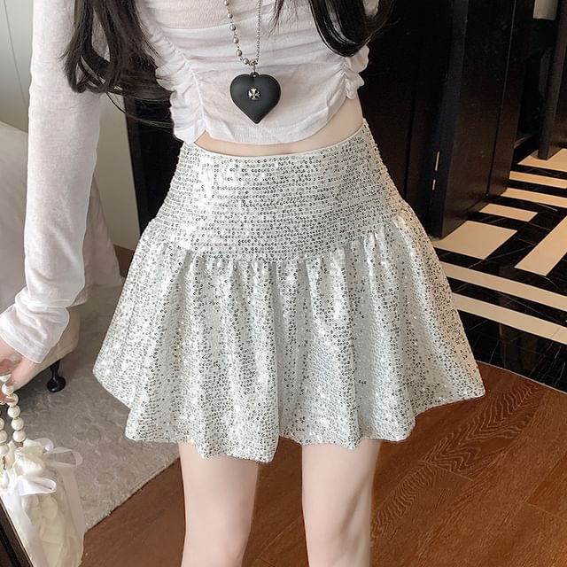 Sequin Mini A-Line Skirt with High Waist
