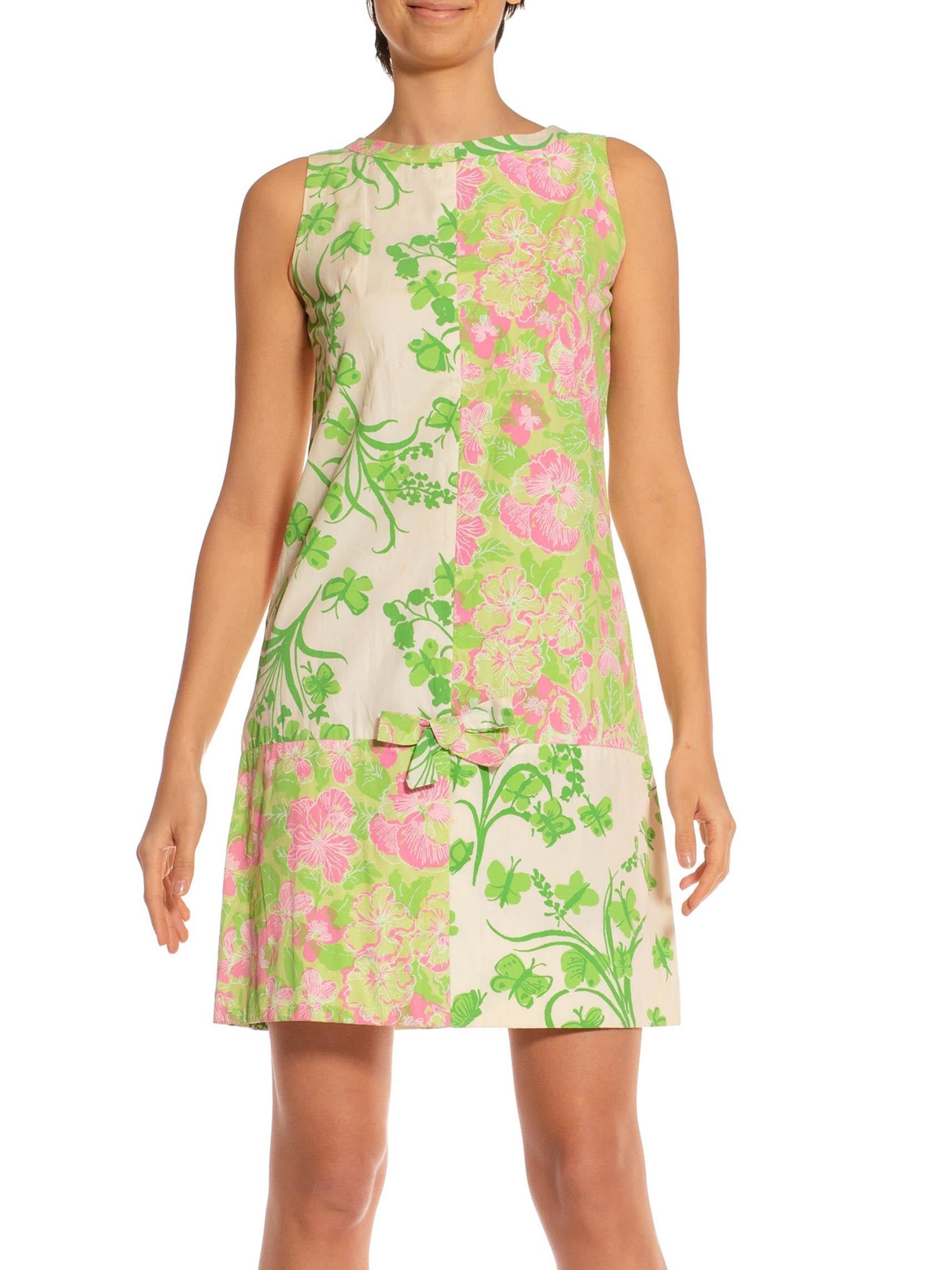 1960S LILLY PULITZER Green & Pink Cotton Patch Worked Floral Shift Dress