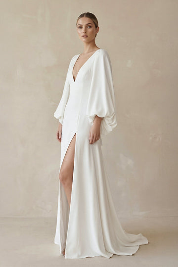A - Line Satin Wedding Dress with Slit in White - SHE IS ME Wedding Dresses