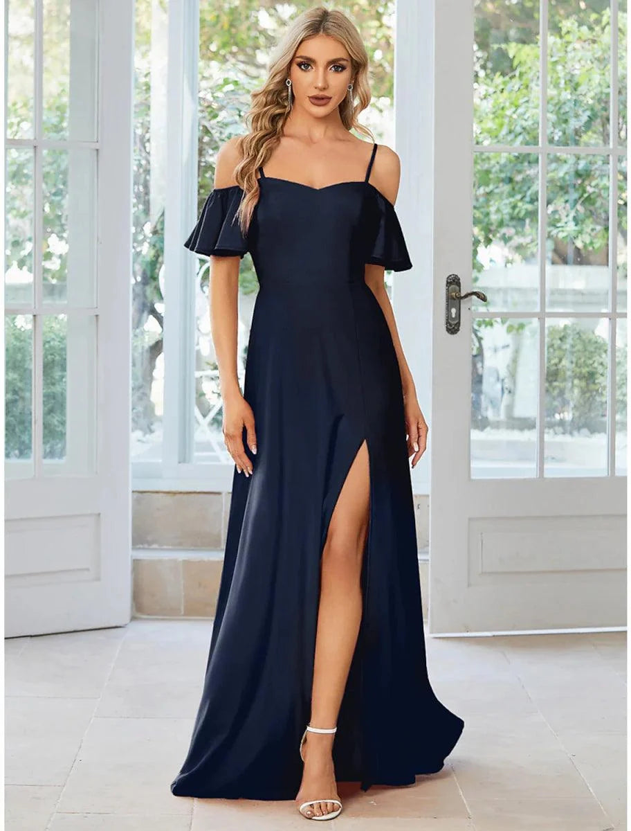 NumberSea - A - Line Wedding Guest Dresses Elegant Dress Formal Floor Length Short Sleeve Off Shoulder Stretch Fabric with Slit Pure Color