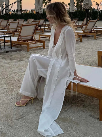 Chic Women's White Two-Piece Set: V-Neck Top, Long Sleeve, Ruffled Detail and Straight Leg Pants, Ideal as a white lace bra and panty set