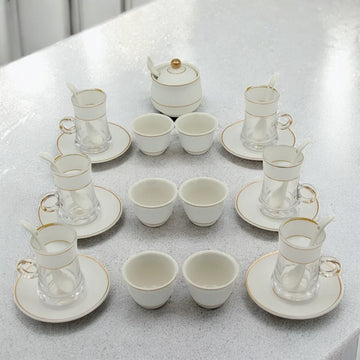 Al Fursan Elegant Fine Porcelain 20 Pcs Tea & Coffee Set – Strong Internal Structure (White Frosted Band) - Damoo