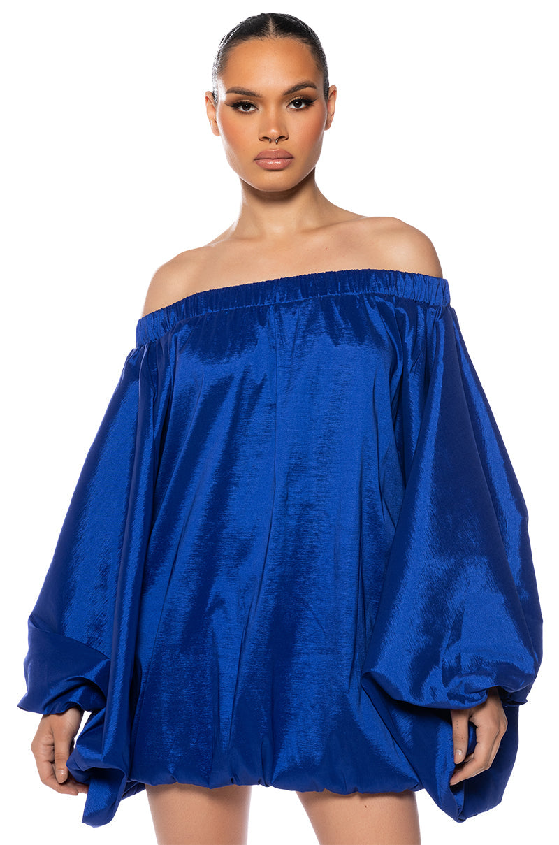 Side View All By Myself Long Sleeve Flowy Mini Dress In Royal Blue