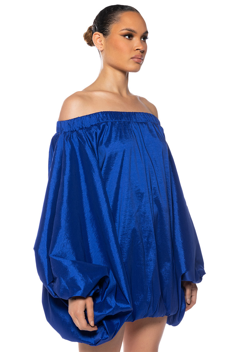 Back View All By Myself Long Sleeve Flowy Mini Dress In Royal Blue