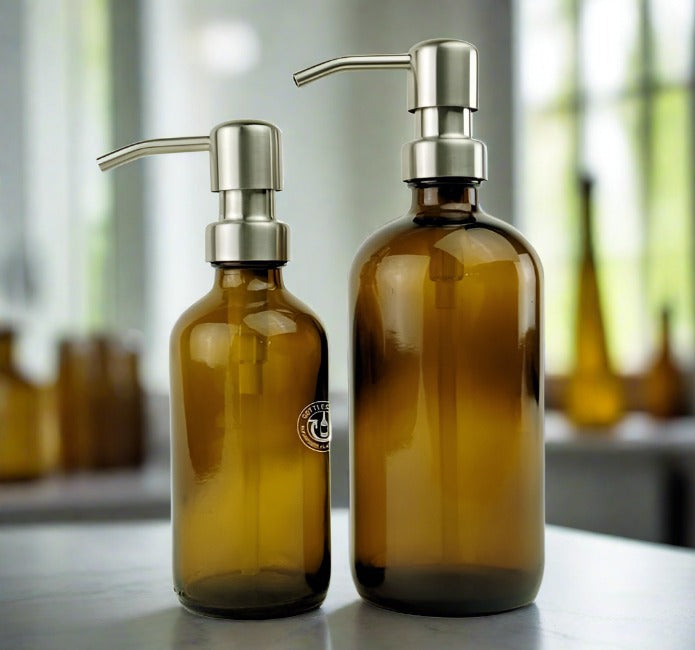 Amber Glass Bottle Soap Dispenser Set - KS6 Brushed Nickel