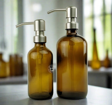 Amber Glass Bottle Soap Dispenser Set - KS6 Brushed Nickel