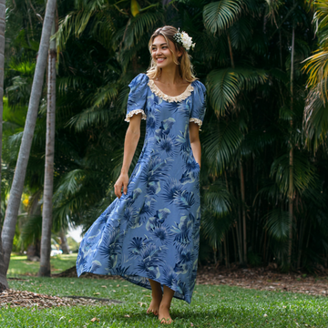 Blue Hawaiian Puff Sleeve Long Dress – White Ruffle Trim, 100% Cotton