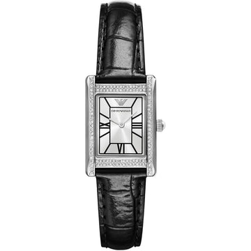 Emporio Armani Genni women's watch with rectangular silver case, crystal bezel, white dial with Roman numerals, and black leather strap
