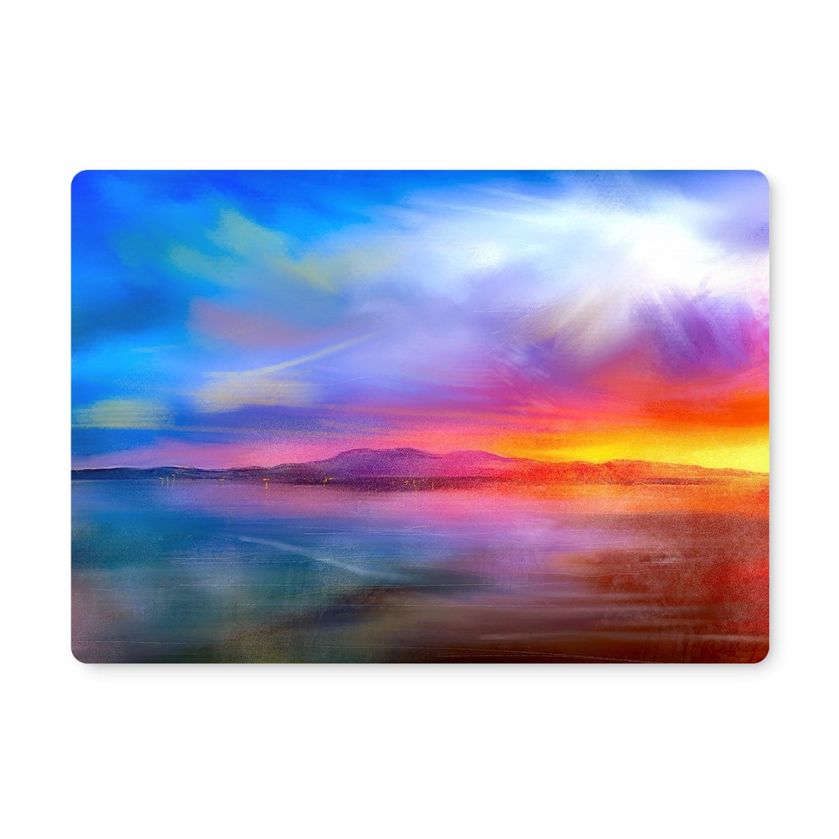 Vibrant abstract landscape painting of a sunset over water with mountains for Arran Sunset Placemat