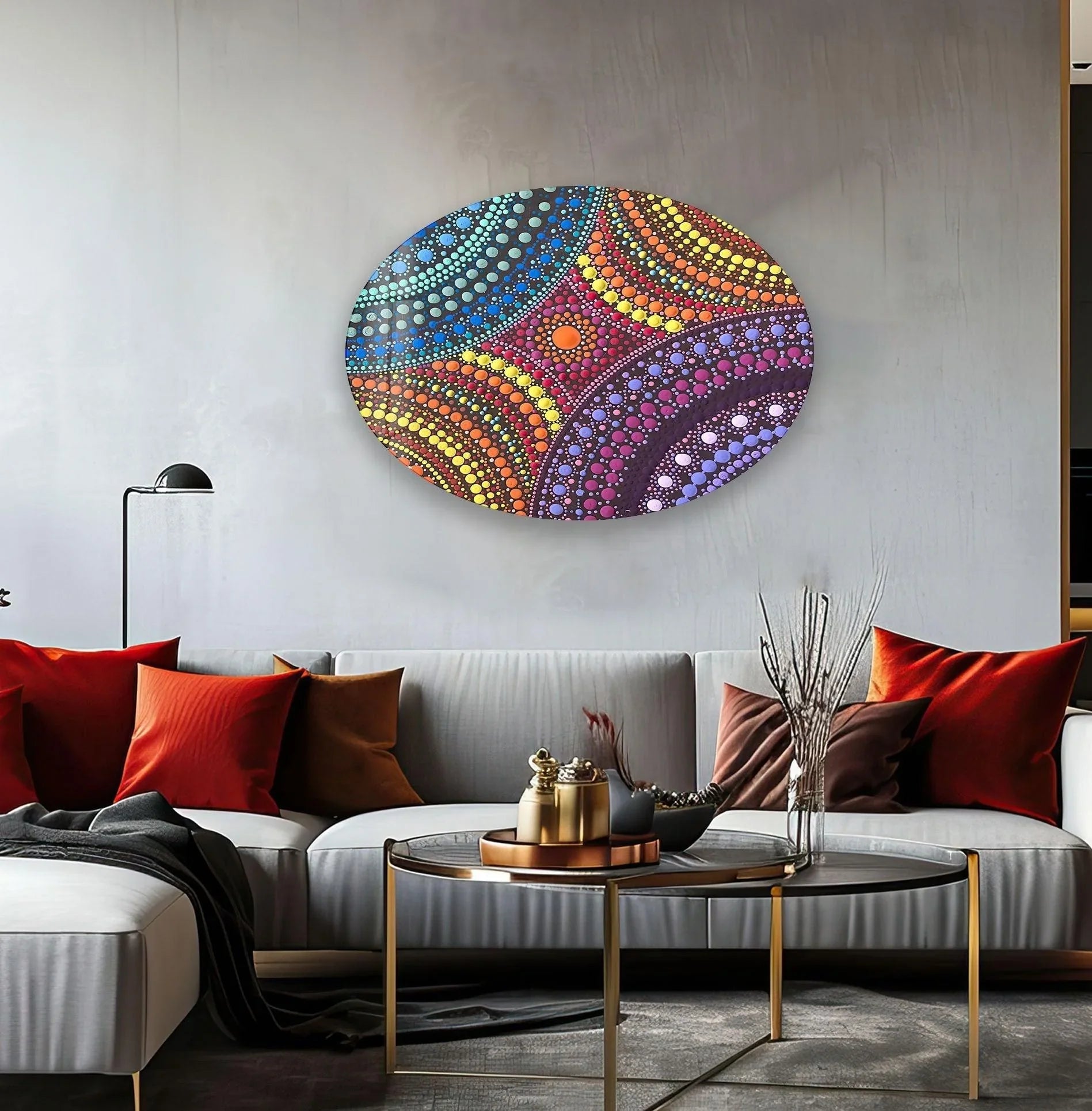 Warm and cool colors converge in this asymmetric oval stained glass art, creating a balanced color temperature in this stunning hanging wall art.