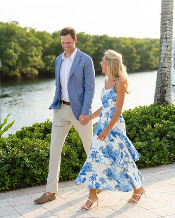 Perfect Blue & White Rehearsal Dinner Outfit inspiration for the Bride and Groom