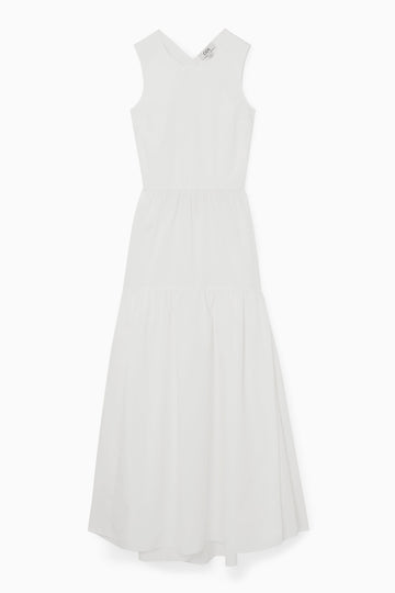 OPEN-BACK TIERED MIDI DRESS